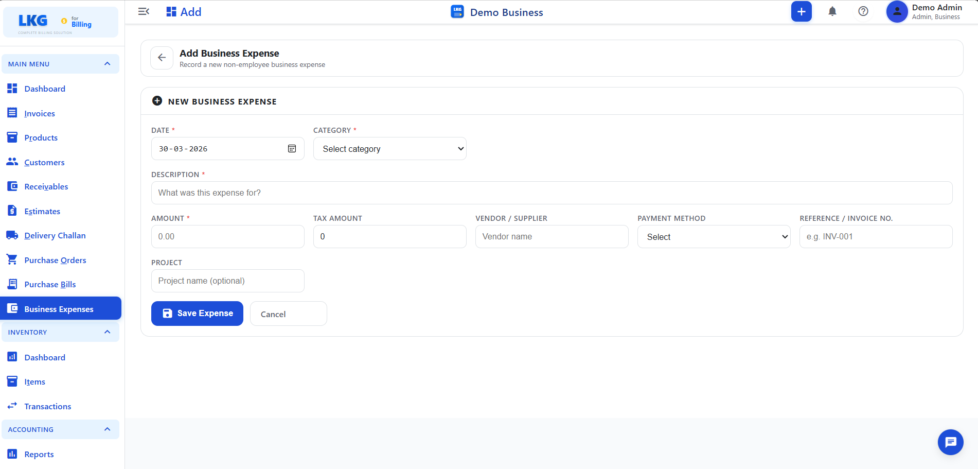 Add Business Expense Form